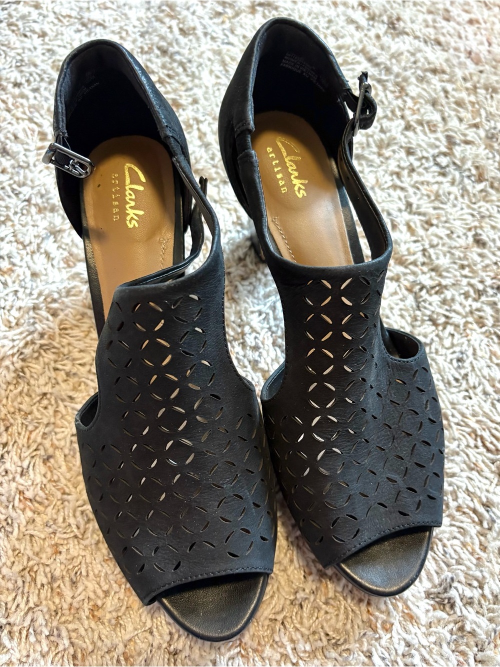 Clarks - Women’s (Sz 8.5) Open Toe Jenness Energy Black Nubuck Heels Shoes